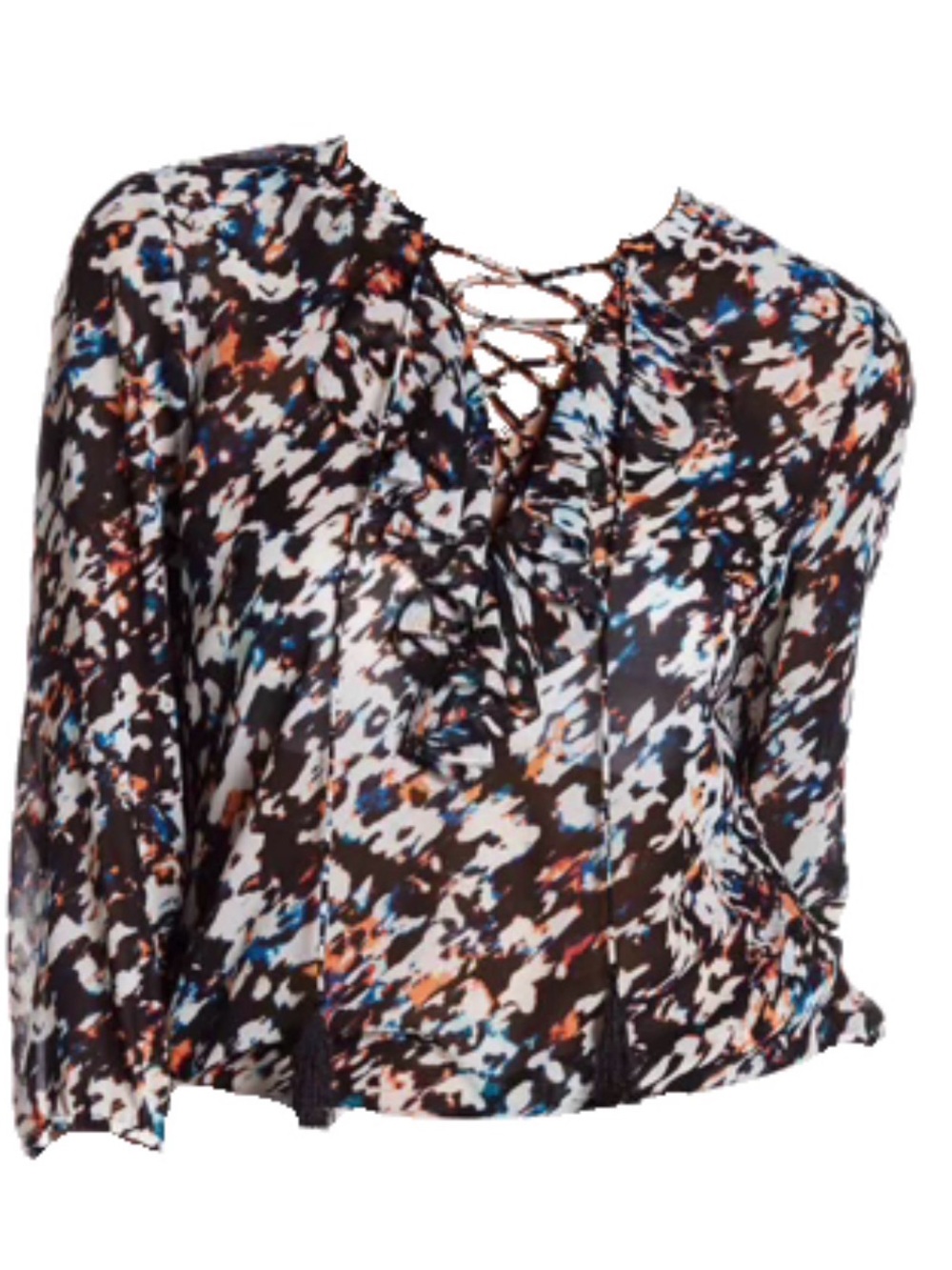 Laundry EUC Lace Up Tassel Blouse Black Multi Print Size 10 Boho Top